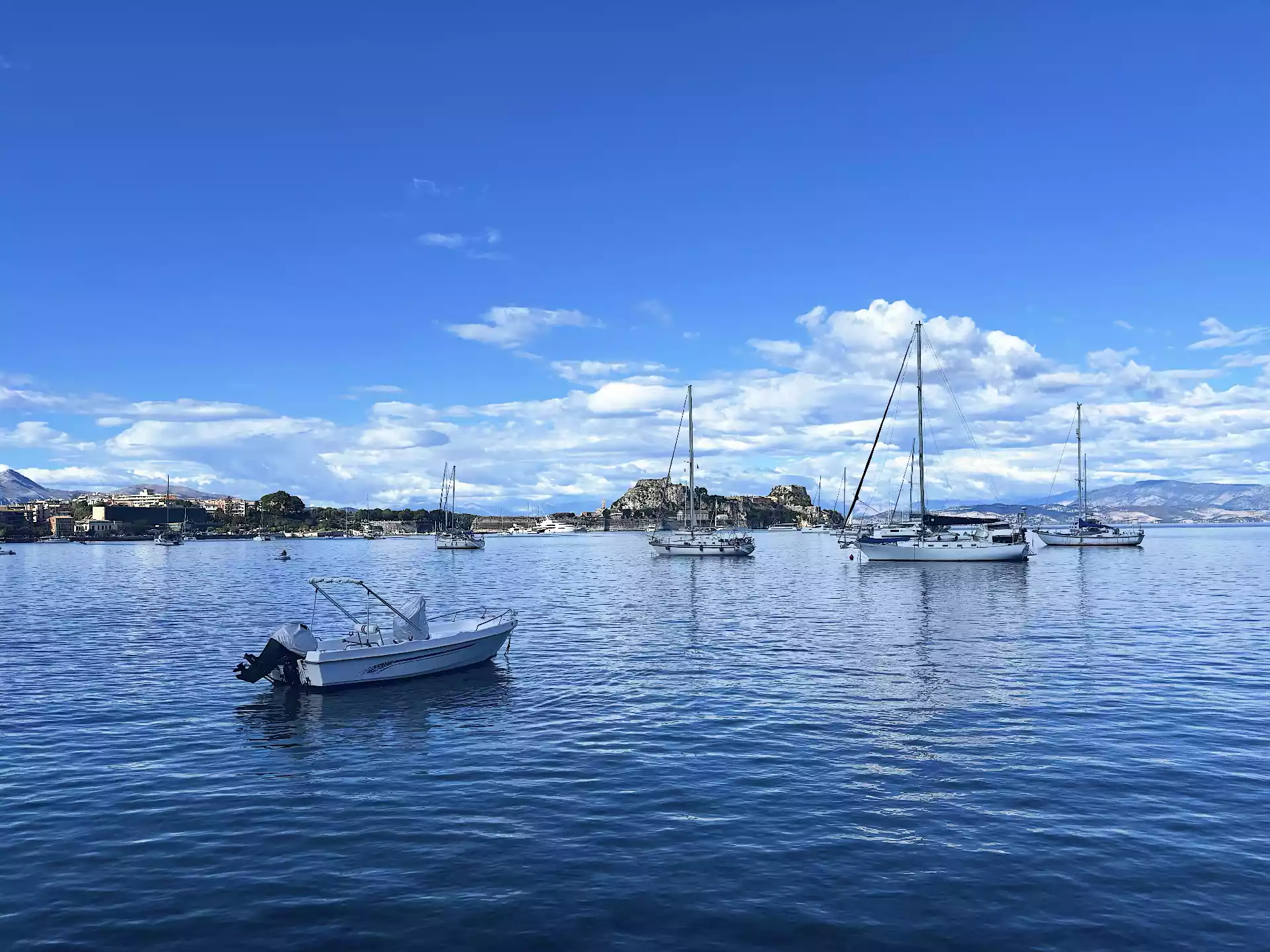 Iconic view of Old Fortress from Garitsa Bay in Corfu island, Greece
